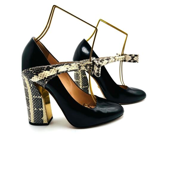 Gucci Black Leather and Neutral Snakeskin Block Heel Pumps size 37 - Picture 1 of 12